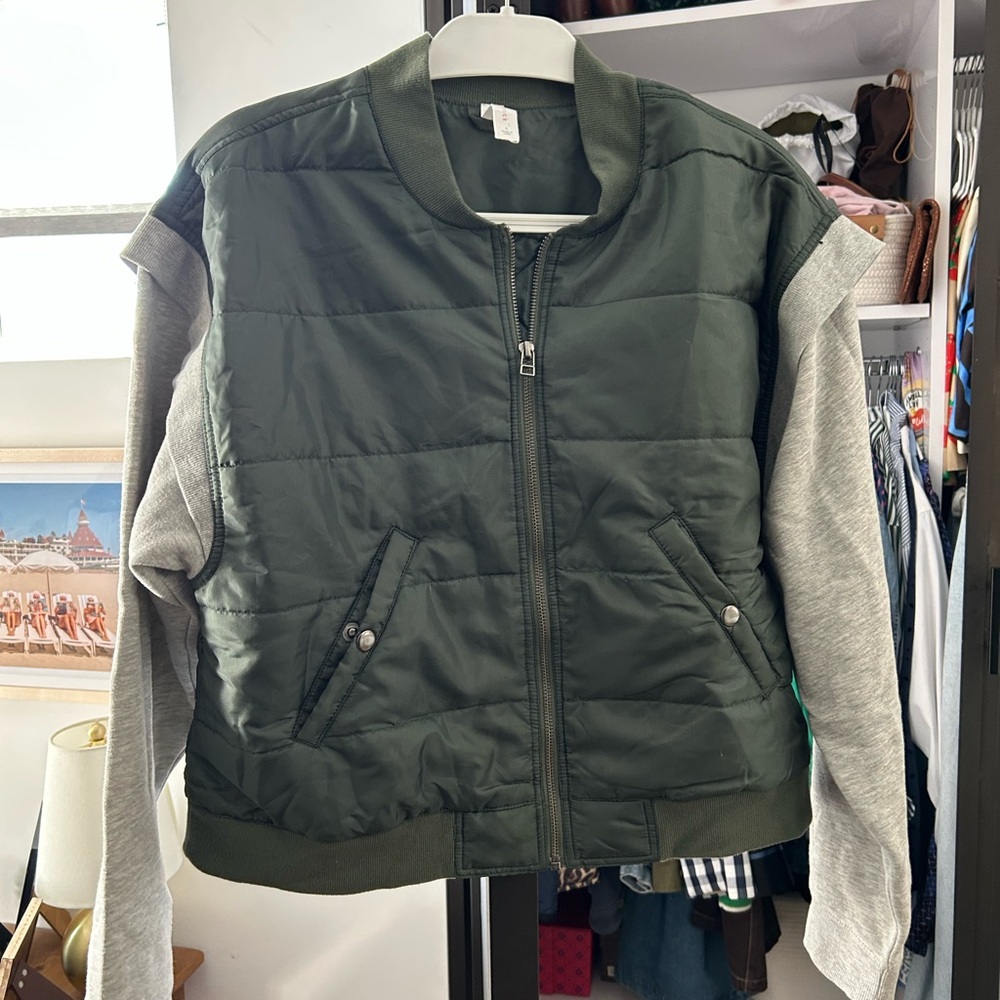 Daily practice Olive and Charcoal Bomber Jacket with sweatshirt sleeves!